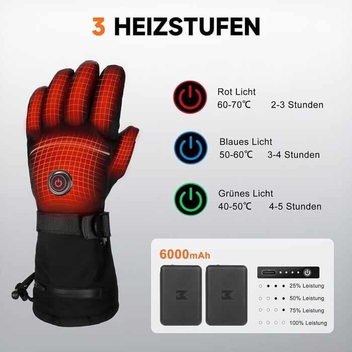 Гріючі рукавички з акумулятором 6000mAh USB, для жінок та чоловіків, 3 режими нагріву, водонепроникні, з підтримкою сенсорного екрану, чорний колір, EU