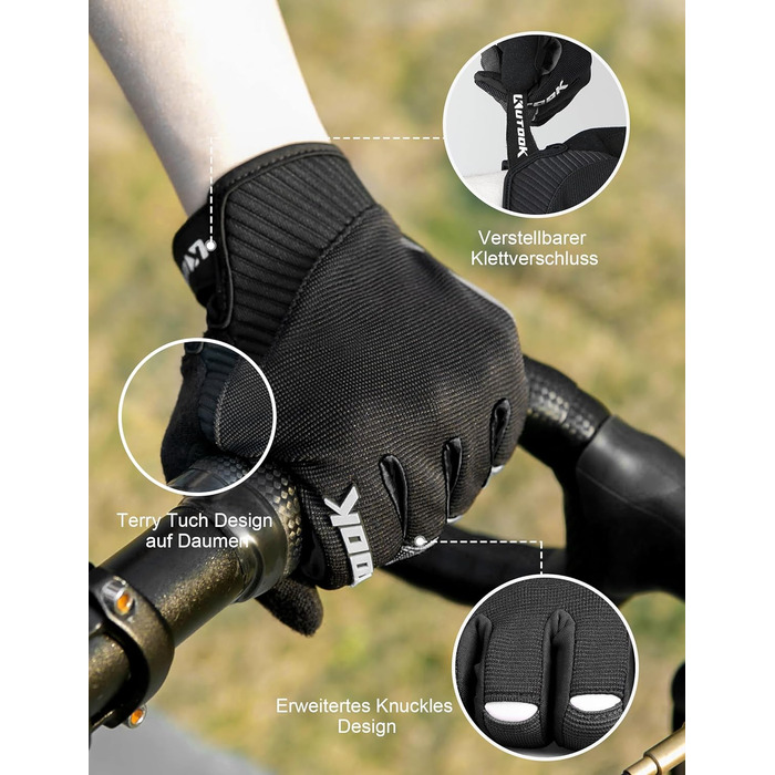 Велосипедні рукавички KUTOOK: антиковзаючі, амортизуючі, з підтримкою сенсорного екрану. Ідеально для MTB, шосе, гонок, даунхілу та хайкінгу (Чорний, L)