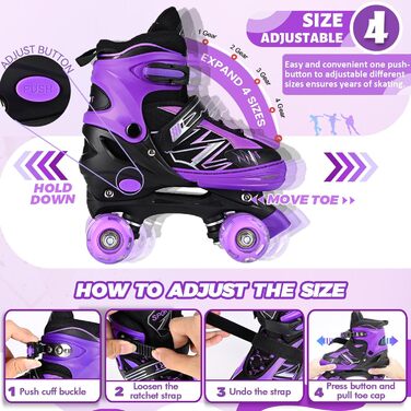 Дитячі ролики LOKJIJI для хлопчиків та дівчаток, регульовані, 4 розміри, фіолетово-білі та чорно-білі (M, чорний & фіолетовий)
