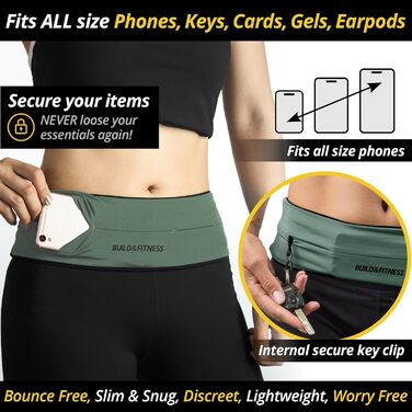 Поясна сумка для бігу Build & Fitness, Khaki: тримач для телефону, ключа, зручна та легка для жінок і чоловіків. Підходить для Samsung та iPhone.