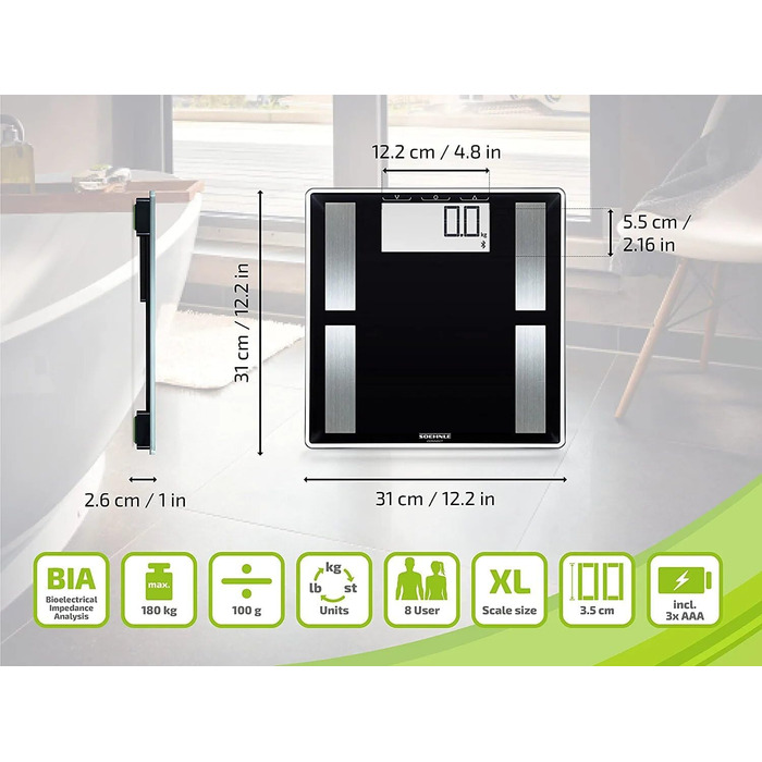 Смарт-вага Soehnle Shape Sense Connect 50 з Bluetooth, аналізатор складу тіла BIA, чорна, велике LCD, підключення до додатку