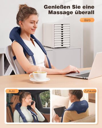 Бездротовий масажер для шиї та плечей KNQZE 4D Shiatsu з інфрачервоним підігрівом (графен), глибокий розминаючий масаж спини, синій