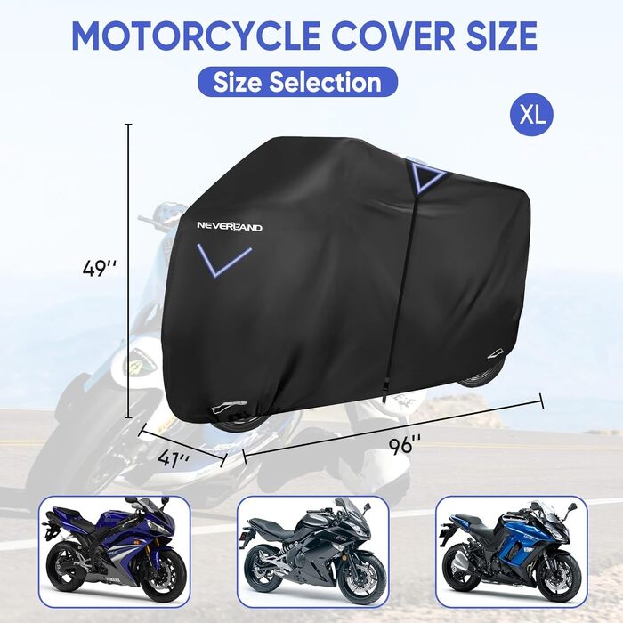 Накриття для мотоцикла Neverland Outdoor, 295x110x140см, водонепроникне, 300D, з отворами для замка, відбиваюче, для мото, мопеда, скутера, моторолера (XXXL) (Чорний (300D Oxford тканина), XL - 245x105x125 см)