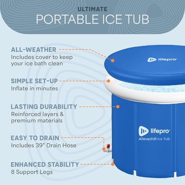 Lifepro Ванна для криотерапії Cold Plunge Tub - велика ванна для холодової терапії на 92 галони з кришкою та сумкою (блакитна)