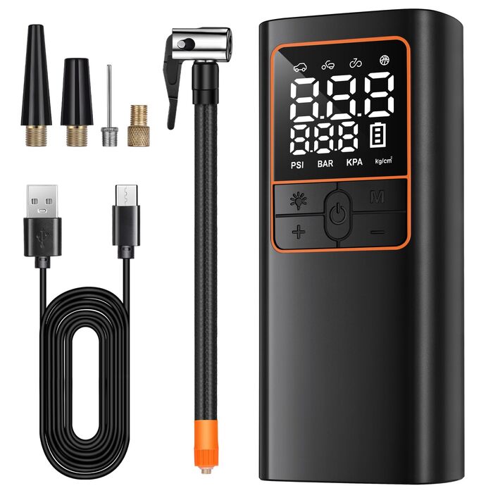 Електричний повітряний насос 150 PSI - акумуляторний компресор з LED-дисплеєм, перезаряджається для велосипеда, авто, мотоцикла та м'ячів