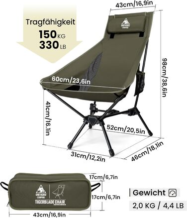 Стілець для кемпінгу OneTigris TIGERBLADE, висока спинка, 170 кг, складний, легкий, трикутник, риболовний, з кишенями, для відпочинку на природі, походів (Ranger Green)