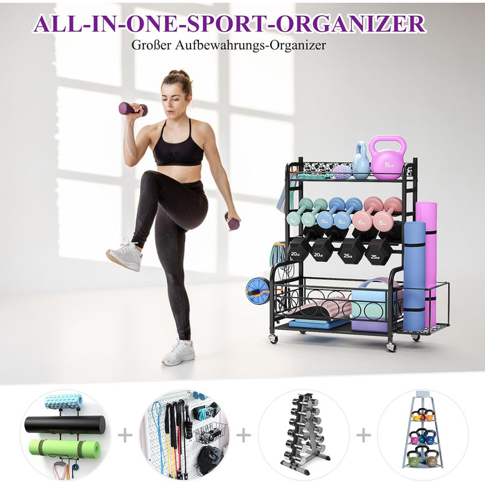 Стойка для гантелей, багаторівнева, з роликами та гачками, для гантелей, йога-матів, фасцій та гир, чорна, для дому
