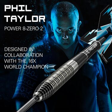 Дарти сталеві Target Darts Phil Taylor Power 8-Zero (80% вольфрам, 22/24/26г) + Swiss Point наконечники, Pro Grip шафти, No.6 пір'я