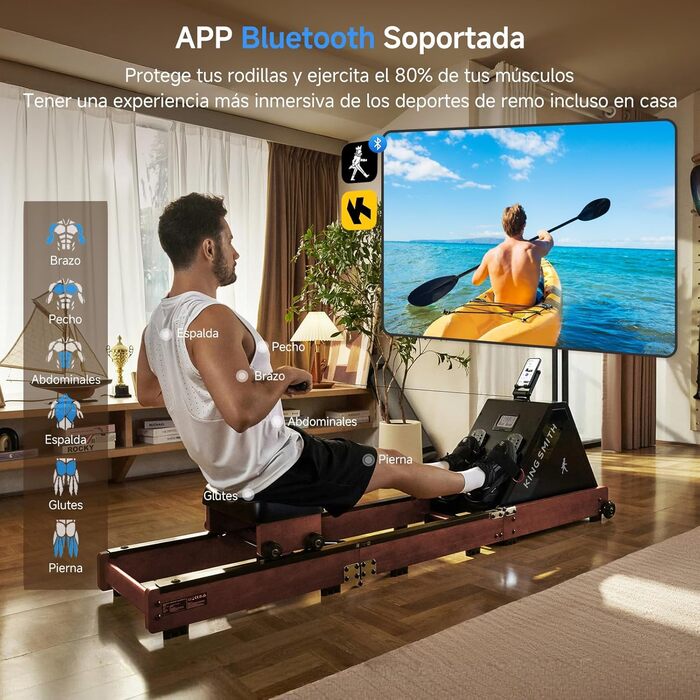 Складний тренажер для веслування, веслувальний тренажер, водонепроникний з 6 рівнями навантаження, для дому, складаний у 3 рази, вантажопідйомність 150 кг, сумісний з додатком, дуб червоний