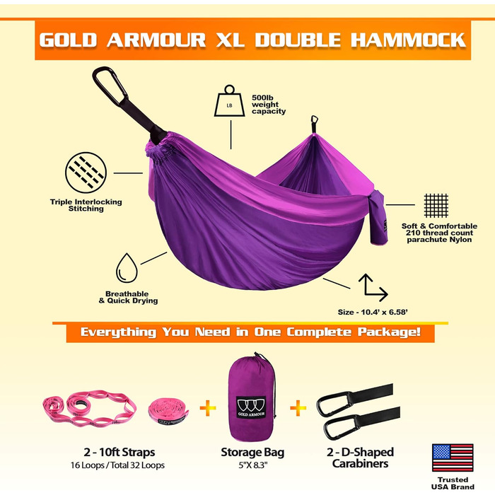 Гамак подвійний кемпінговий Gold Armour XL (фіолетово-фуксія) з ременями для кріплення. Для дому та відпочинку на природі.