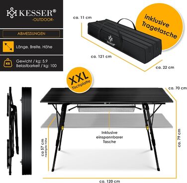 Стол для кемпінгу KESSER® розкладний, з алюмінієвим каркасом, регулювання висоти, 120x70 см, до 100 кг, з сумкою та сітчастою кишенею, чорний