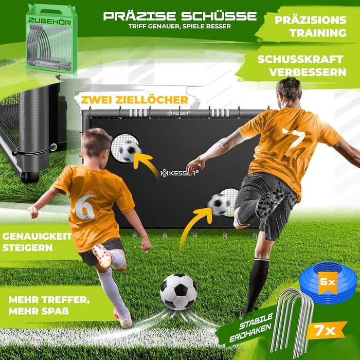 Ворота для футболу KESSER® для саду: міцні, для тренувань, з UV-стійким сітком, сталевий каркас з м'якою обшивкою, земляні кілки, насос, конуси, аксесуари для монтажу (300 см, з торговою панеллю, антрацит)