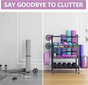 Стійка для зберігання обладнання для дому EasyCom: гантелі, гирі, ролик для пресу, килимок, стрічка, еластичні стрічки. З гачками та колесами, чорний колір