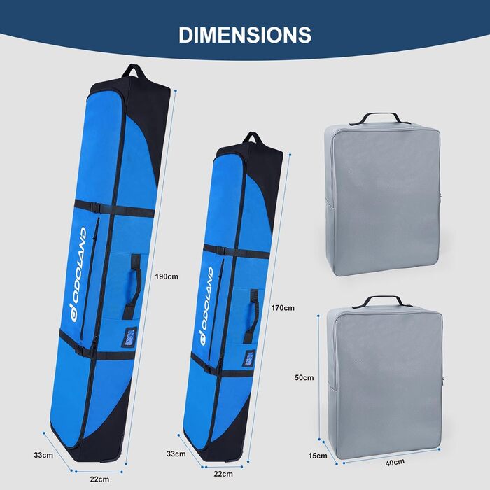 Чохол для лиж на колесах Odoland, водонепроникний, для подорожей літаком, 190 см (синій)