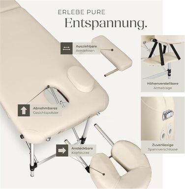 Масажний стіл Tectake 2 зони, складаний, з регулюванням висоти, з аксесуарами (головна підтримка, підлокітники, сумка) - бежевий