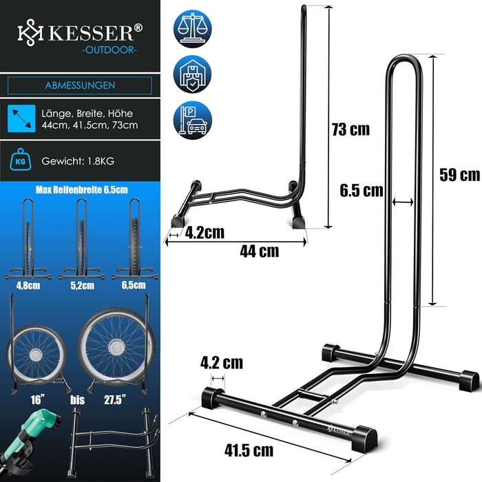 Підставка для велосипеда KESSER® для MTB, E-Bike, Citybike, шосе, з повітряним насосом | Рейс-стійка, для шини до 65мм | Чорний колір