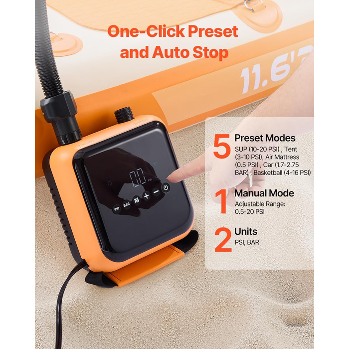 Електрична SUP-насос VEVOR з USB-виходом, 2-ступенева автоматична насос для надувних SUP, наметів, 40 PSI, 12V DC, LED-підсвічування