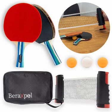 BERAXPOL Набір для настільного тенісу Premium, портативний, все в одному | М'ячики, сітка, сумка | Для сім'ї, подарунок