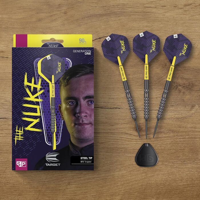 Дротики Target Darts Luke Littler G1, сталевий накінечник, 90% вольфраму, 22/23/24 г, Swiss Point, набір із Pro Grip та інструментом, професійний гравець