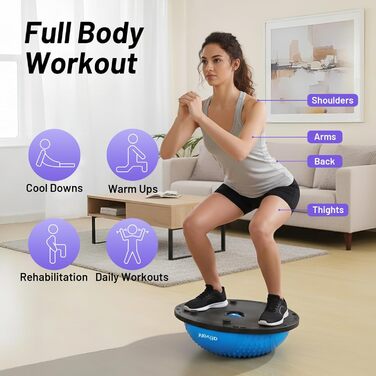 Йога-м'яч Ativafit для балансу та фітнесу 60*18 см, до 300 кг, з помпою та еспандером (блакитний)