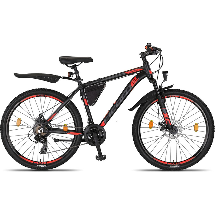 Гірський велосипед Licorne Bike Effect Premium, алюмінієвий, 21 швидкість, дискові гальма, для хлопців та дівчат, 26 дюймів, чорний/помаранчевий