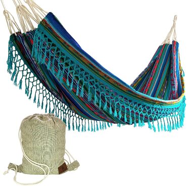 Гамак Boho Klassische з китицями, ручної роботи, водостійкий для дому та саду (Quilotoa Blaugrün) - для тераси, веранди, заднього двору