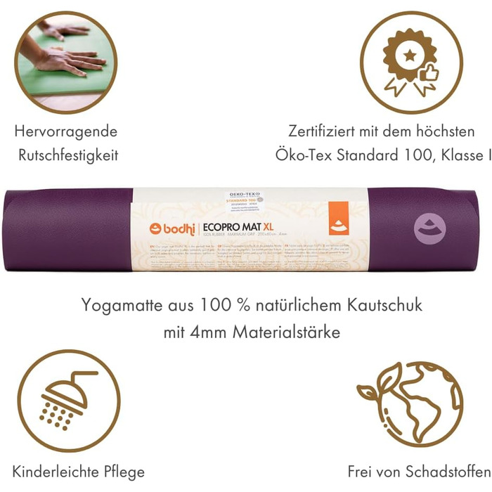 Йога-мат Bodhi ECO PRO XL 200x60 см, натуральний каучук, екстра довгий, нековзкий, для йоги та пілатесу, фіолетовий