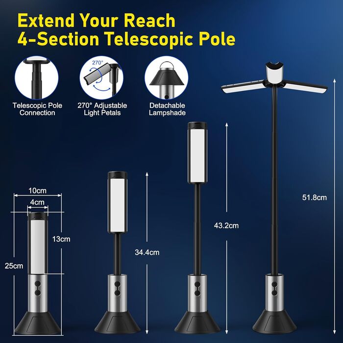Налобний ліхтар для кемпінгу з телескопічним штативом, IPX4, багатофункціональний, з підсвічуванням, для намету, з гачком, аксесуари для кемпінгу