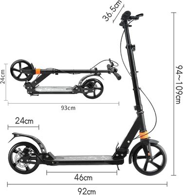 Самокат Kickscooter для дорослих і дітей, з амортизацією, 200 мм колеса, складаний, регульована висота, міський, з ручним і ножним гальмом