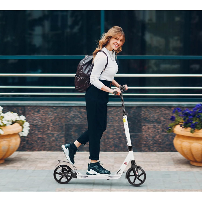 Дитячий складаний самокат з великими колесами 200 мм, дискові гальма, регульована висота, з ремінним ременем, для дітей 8-15 років (Білий)