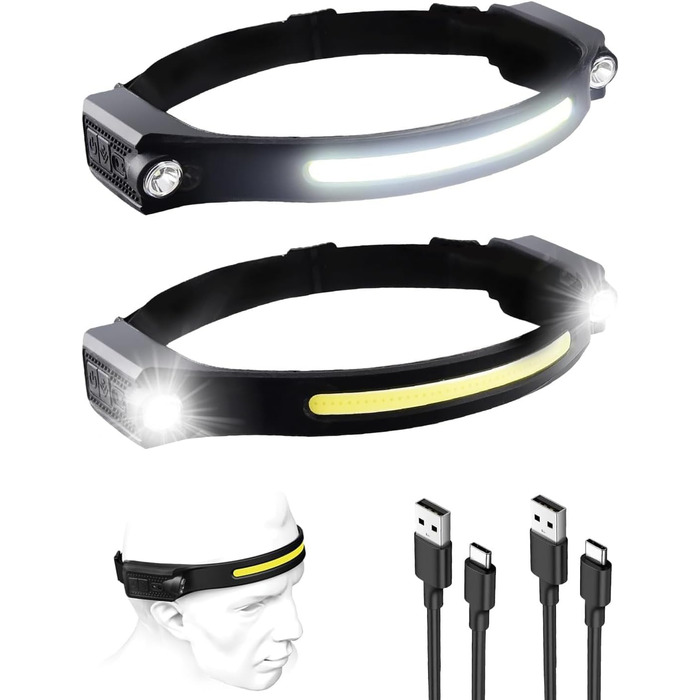 Ліхтар на голову LED перезаряджається, 1200 люмен, сенсор, 2 прожектори, 230°, COB, 5 режимів, 12 годин роботи, IPX4, водонепроникний, для бігу, кемпінгу, чорний