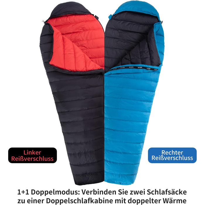 Спальний мішок Daunenschlafsack: теплий зимовий спальник з гусячим пухом 650 fill power, сертифікат RDS. Температурний режим: +8°C до -30°C. Ідеальний для кемпінгу та альпінізму. Колір: блакитний