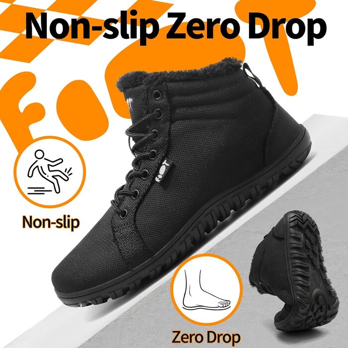Водонепроникні черевики-сліпони для ходьби Barfuß: жіночі та чоловічі, широкі, для осені/зими, з підкладкою, Zero Drop, підошва Solhe, фітнес, чорні (45 EU)