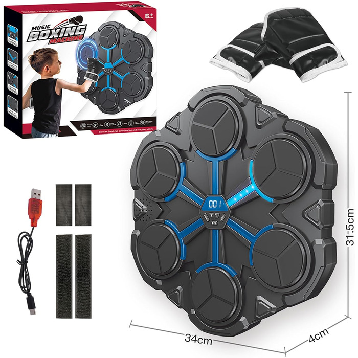 Музична боксерська машина Toyone: розумна, настінна, зі світлодіодами, 3 режими швидкості, підрахунок ударів, для дітей та дорослих, чорно-синя