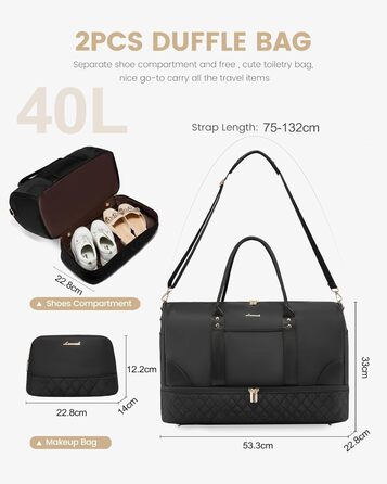 Сумка-мішок LOVEVOOK для жінок: дорожня/спортивна сумка-мішок з відділенням для взуття та мокрих речей, 2 шт. (40л, чорний)