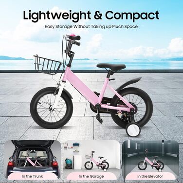 Дитячий велосипед 14 дюймів, регульована висота, рожевий велосипед для дівчаток 3-5 років. З додатковими колесами та кошиком. Ідеальний для навчання та катання на вулиці.