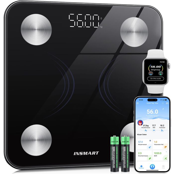 INSMART Розумні ваги з Bluetooth, цифрові ваги для аналізу складу тіла: жир, м'язова маса, вода, білок, кісткова маса, ІМТ, пульс, BMR