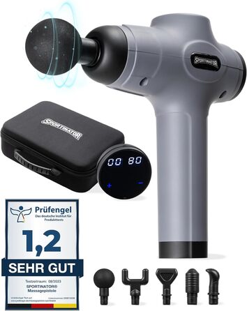 Електрична масажна пістолет SPORTINATOR Level Up з насадками, LCD-екраном, USB-C, у кейсі (сірий)