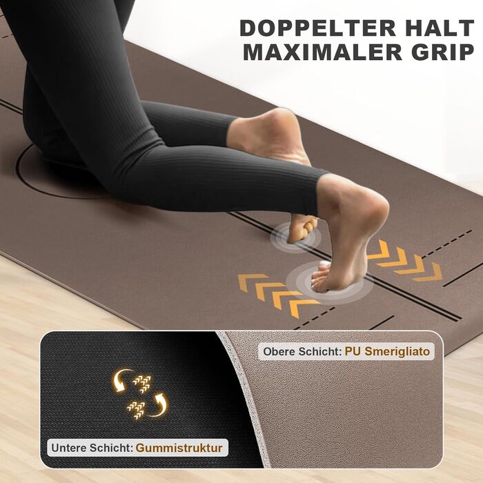 Килимок для йоги та пілатеса з еко-каучуку та TPE, протиковзкий, з лініями розмітки та ременем для перенесення, коричневий, 4мм