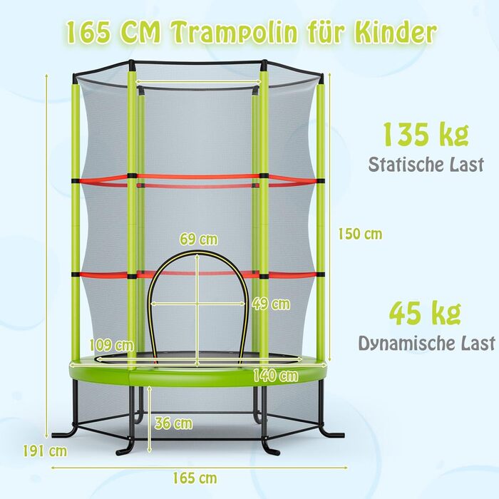 Трамплін GOPLUS Indoor з сіткою безпеки, дахом, сталевою конструкцією, для дітей, Ø165 см, до 135 кг