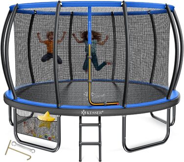 Трамплін KESSER® Outdoor Ø 244/305/366/427 см з сертифікатом GS, для дітей та дорослих (до 150 кг) з сіткою, сумкою, сходами, захистом краю та м'якими стійками сітки (Блакитний, Ø 366 см)