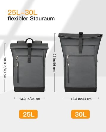 Рюкзак Inateck RollTop 25-30 л для чоловіків і жінок, велосипедний, шкільний, міський, для університету, роботи, спорту та подорожей, з відділенням для ноутбука 17