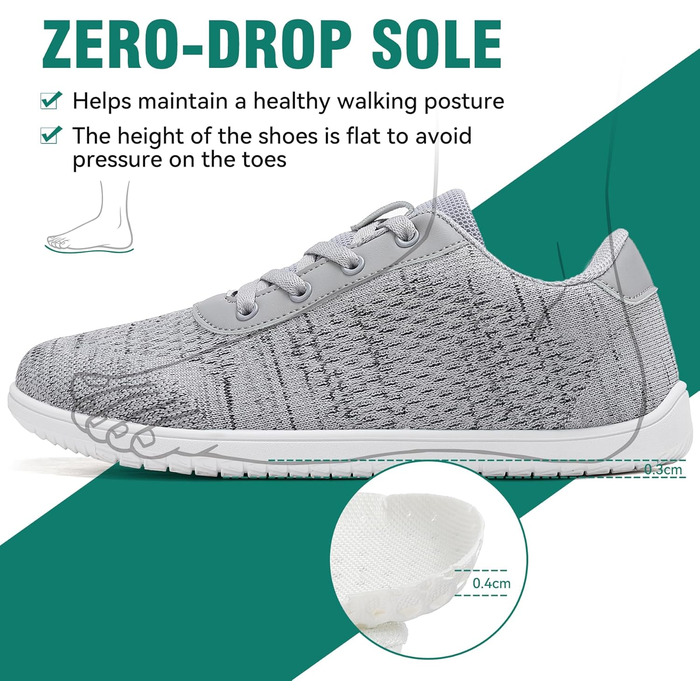 Мінімалістичні босижні кросівки для жінок та чоловіків з широкою переднячкою та нульовим перепадом, легкі та дихаючі. Ідеальні для фітнесу, хайкінгу, бігу та повсякденного носіння (41 EU, широка, сірий 1125)