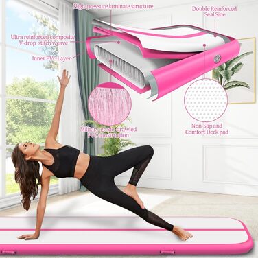 Гімнастичний надувний мат Air Matte 3M/4M/5M/6M, килимок для стрибків та гімнастики 10/20см заввишки з повним аксесуаром, надувний килимок для гімнастики для дому та на вулиці, рожевий килимок Air 600*100*10см