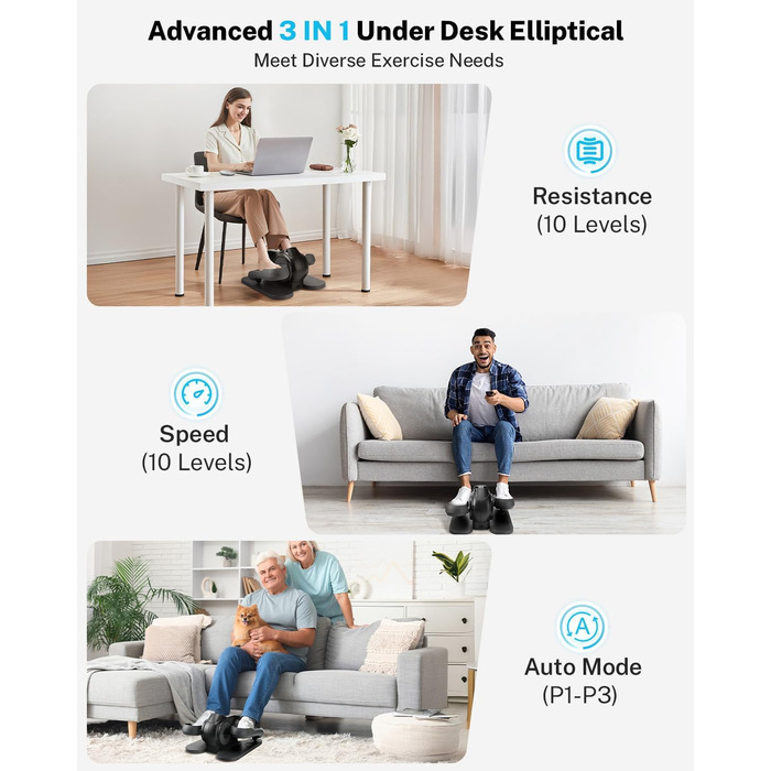 Еліптичний тренажер Gonex під стіл для літніх людей з 10 рівнями опору, тренажер для ніг, як у телепередачі, педальний тренажер, 10 швидкостей та 3 автоматичні режими, чорний