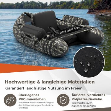 Надувне човен для риболовлі FANTASK з насосом, веслами та ременями, bellyboat, 150 кг, 135 x 109 x 54 см, камуфляж