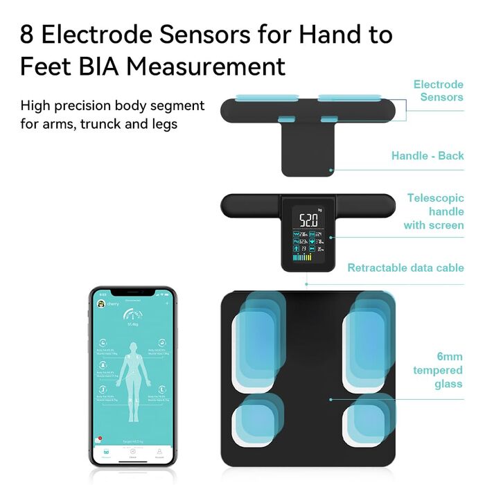 Fitdays Вага для аналізу тіла Smart з 8 електродів - точна цифрова вага BMI з Bluetooth, 20+ показників, синхронізація для 6 користувачів