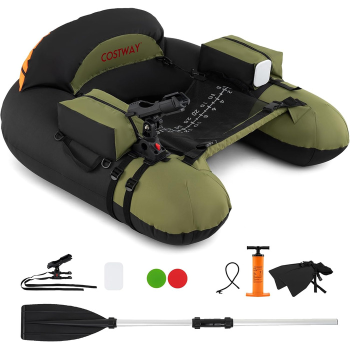 Надувне рибальське сидіння Belly Boat Costway з регульованим утримувачем вудки, зеленого кольору