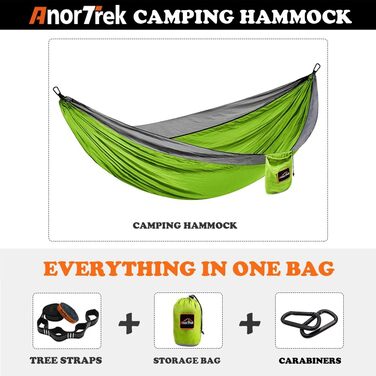 Гамак Anortrek Outdoor для 2 осіб, 300x200 см, до 249 кг, Ultraleicht, з ременями для дерев, дихаючий нейлон, для кемпінгу, подорожей, пікніків, садівництва, зелено-сірий