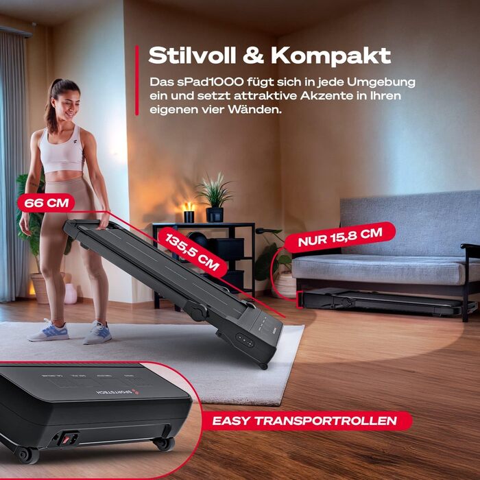 Sportstech Walking Pad: біговий килимок для дому та офісу з регулюванням нахилу до 19%, LED-дисплеєм, компактний та тихий, сумісний з додатком, швидкість до 12 км/год, sPad500/1000 sPad1000
